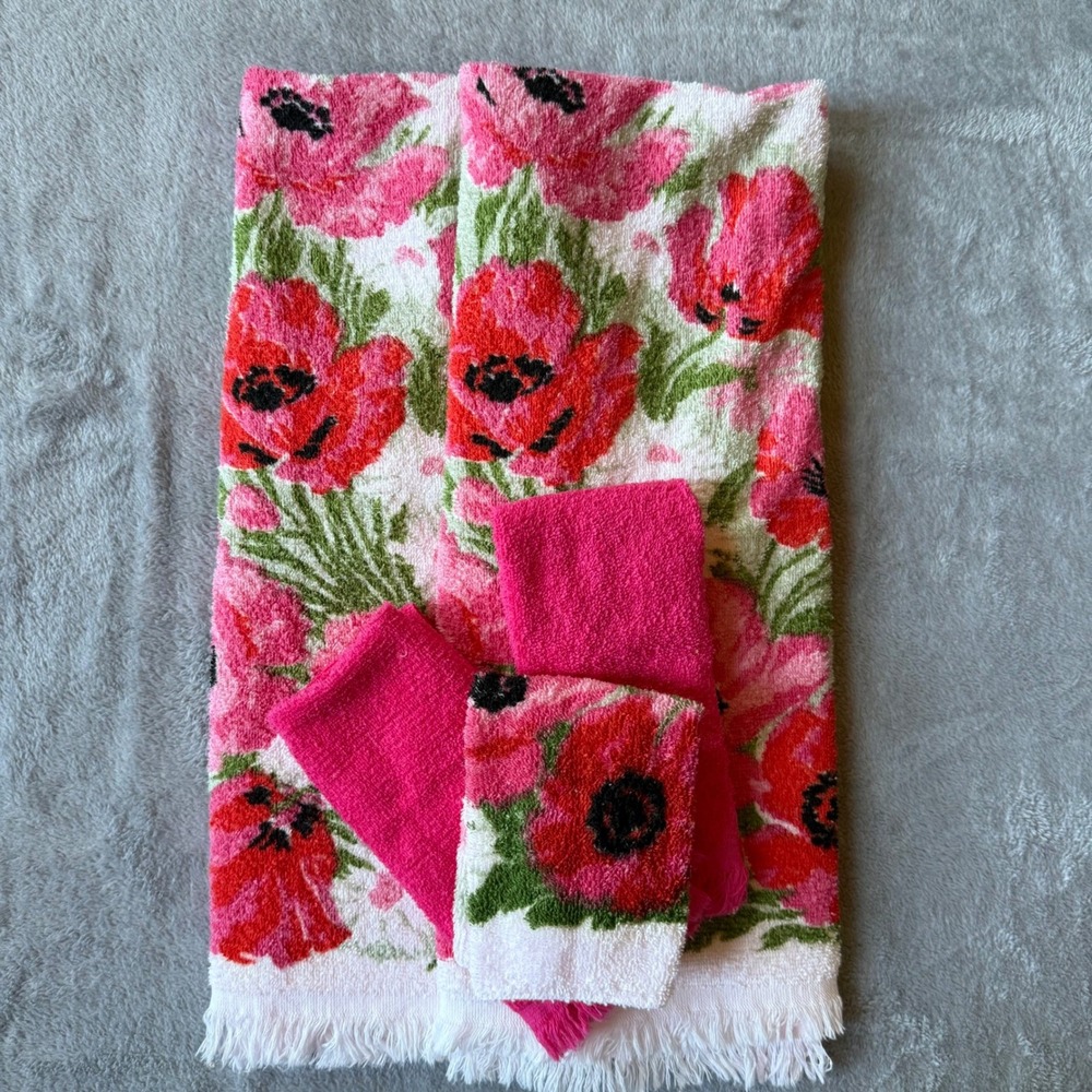 Vintage Dundee Cotton Towel Set Pink Red Poppy Floral Fringed Made in USA 5pc